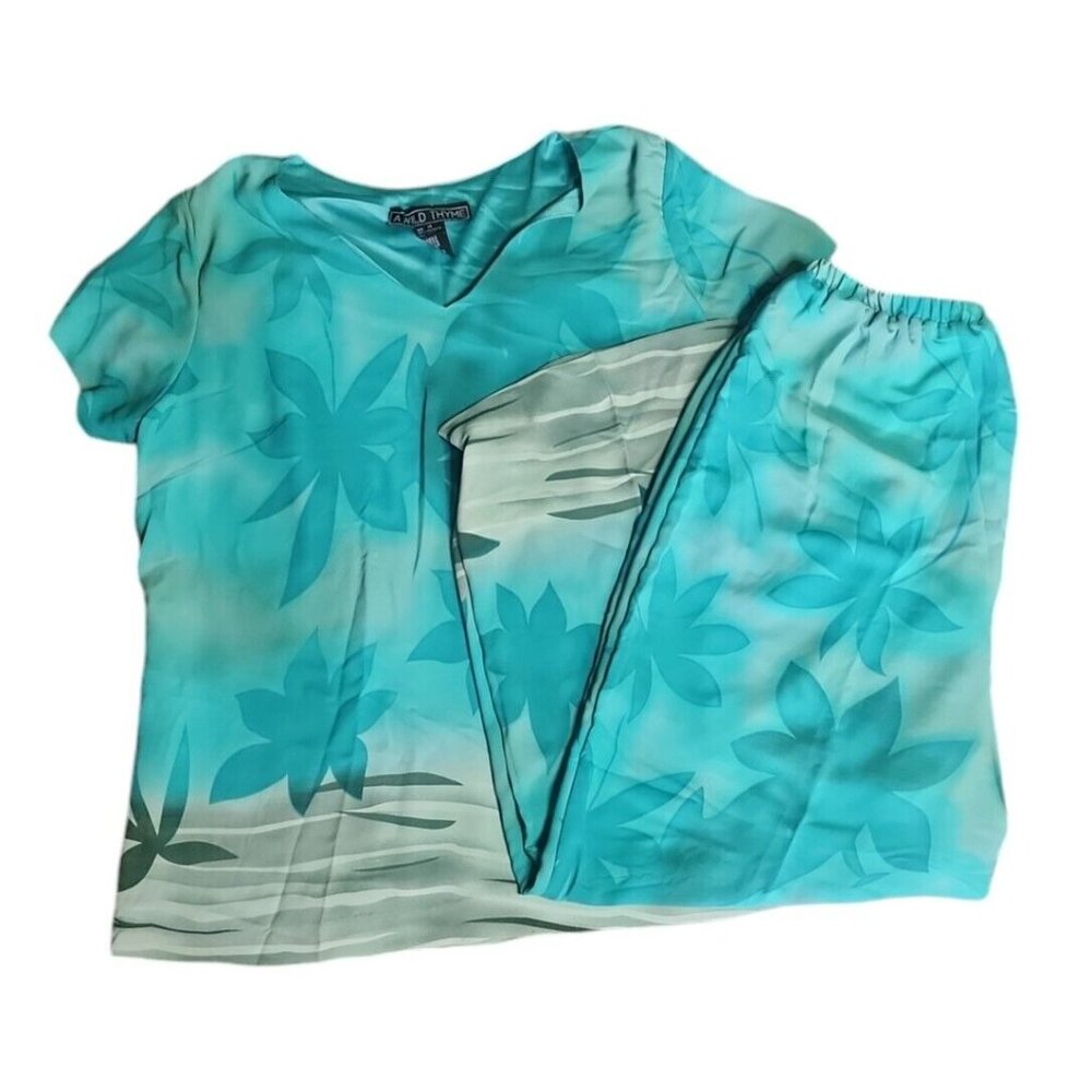 A Wild Thyme Outfit Set Womens Size 14 Green Floral Tropic 2 Piece Shirt‎ Pants